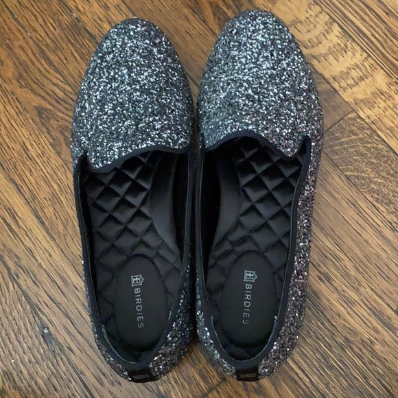 Birdies The Starling Gunmetal Glitter metallic black silver loafer flats 7.5 - Picture 2 of 10